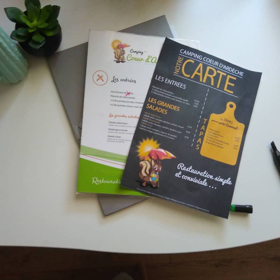 Carte de restaurant camping coeur ardeche